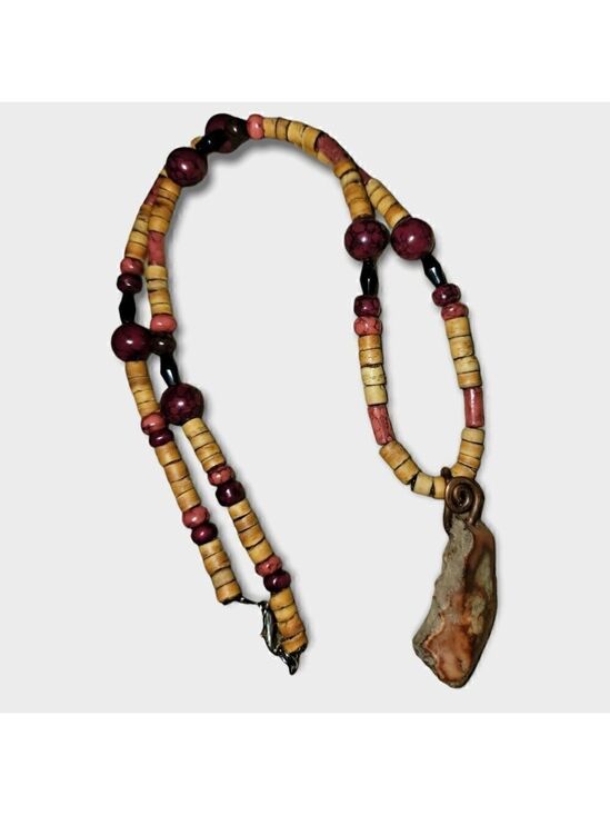 Handmade Jewelry - Wood Bead Necklace Stone Pendant #N54